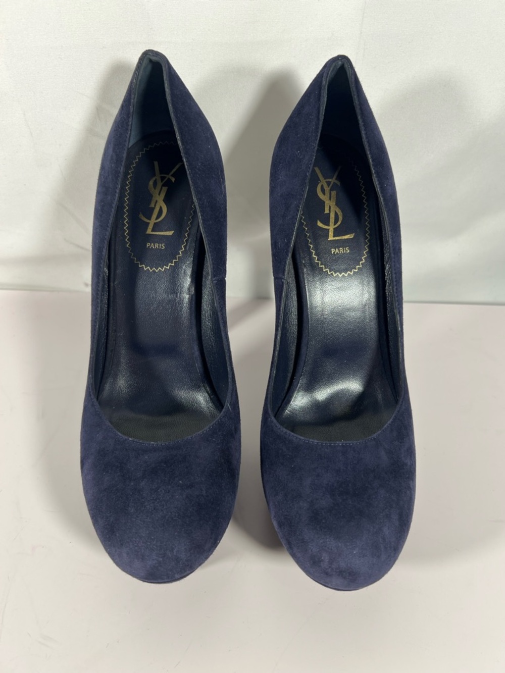 7034: YSL Yves Saint Laurent Navy Suede Platform Heels Pumps 40 - Picture 2 of 12